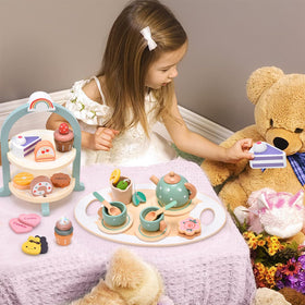 Atoylink wooden tea set teapot featured in a cozy tea party scene