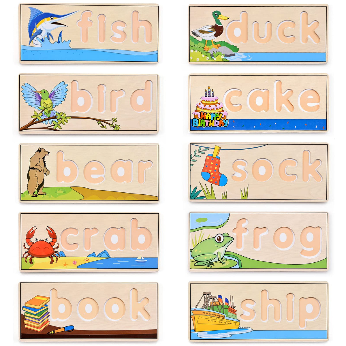 Atoylink 77-letter blocks with 10 double-sided boards support versatile word-building activities.
