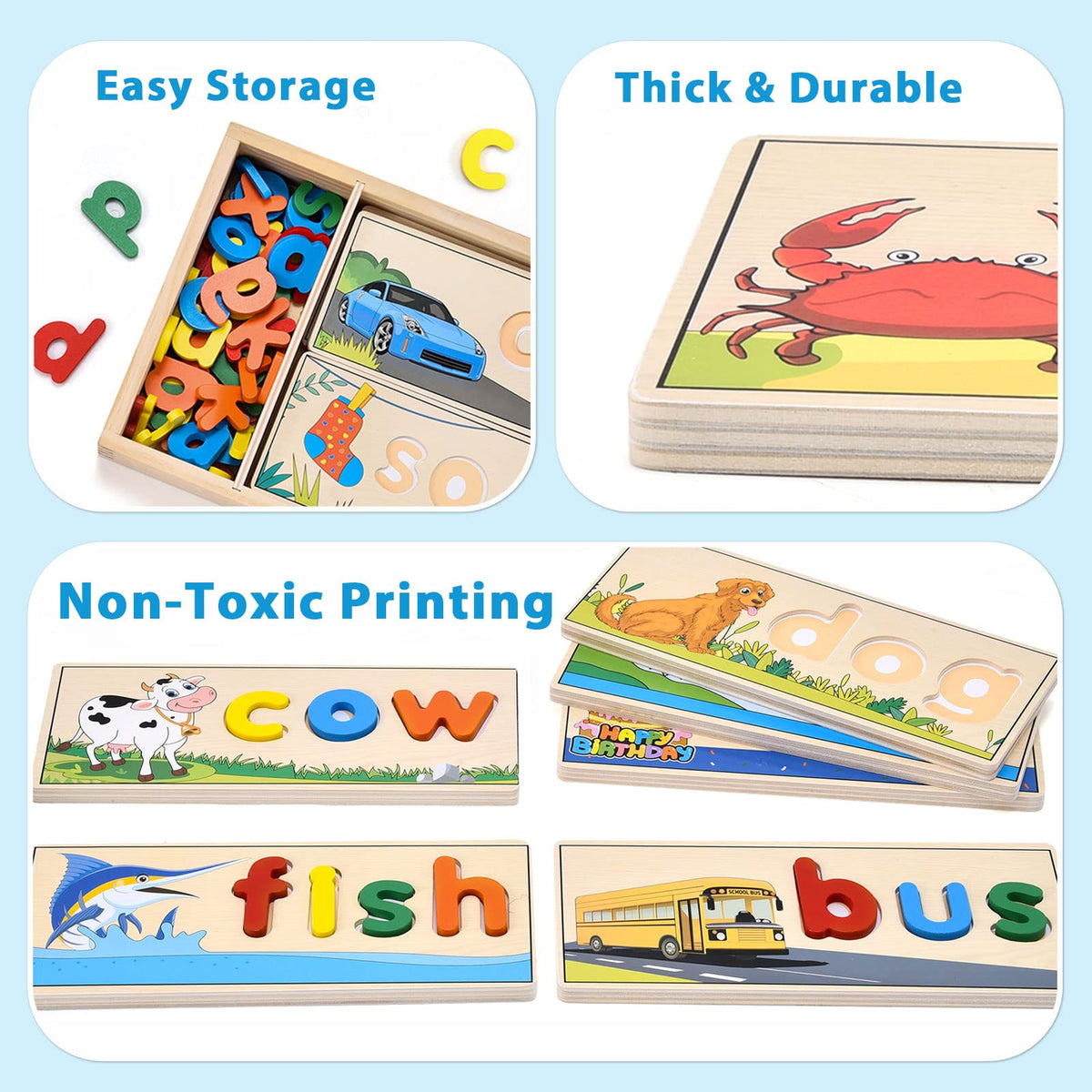 Atoylink double-sided spelling boards shown with blocks to support scene-based word building.