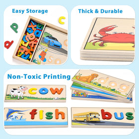 Atoylink double-sided spelling boards shown with blocks to support scene-based word building.
