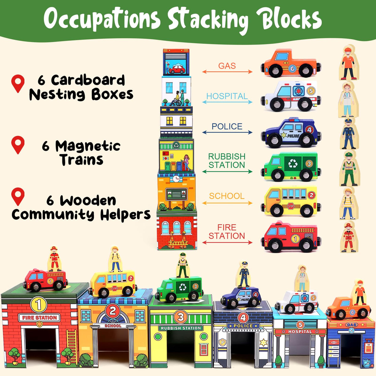 Atoylink magnetic wooden figures ready to pair with vehicles for storytelling play.