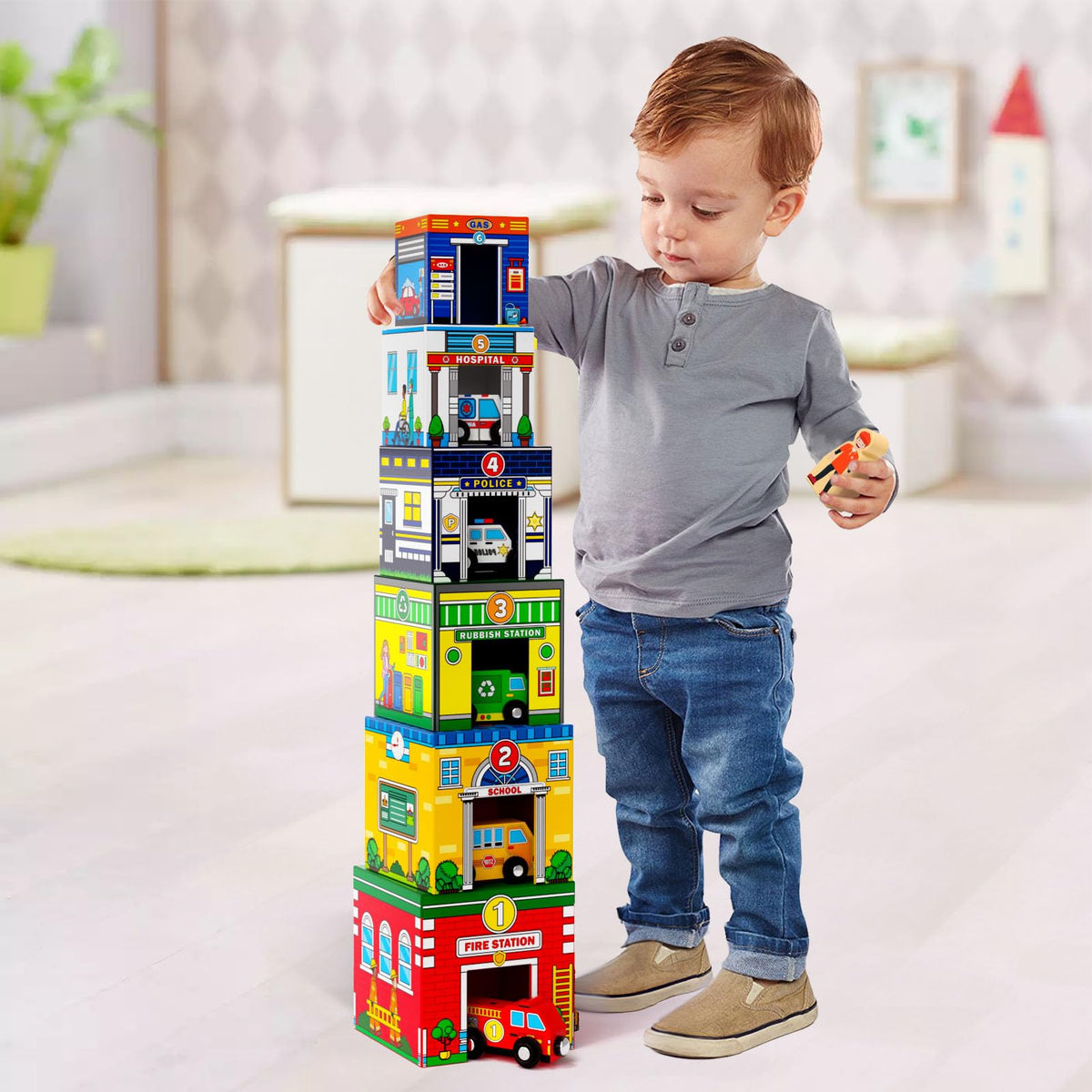 Atoylink figures and city vehicles connect with magnets for endless imaginative scenes.