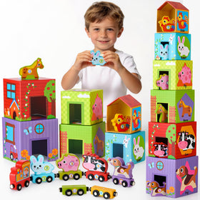 Atoylink stacking blocks with magnetic train for early counting practice.