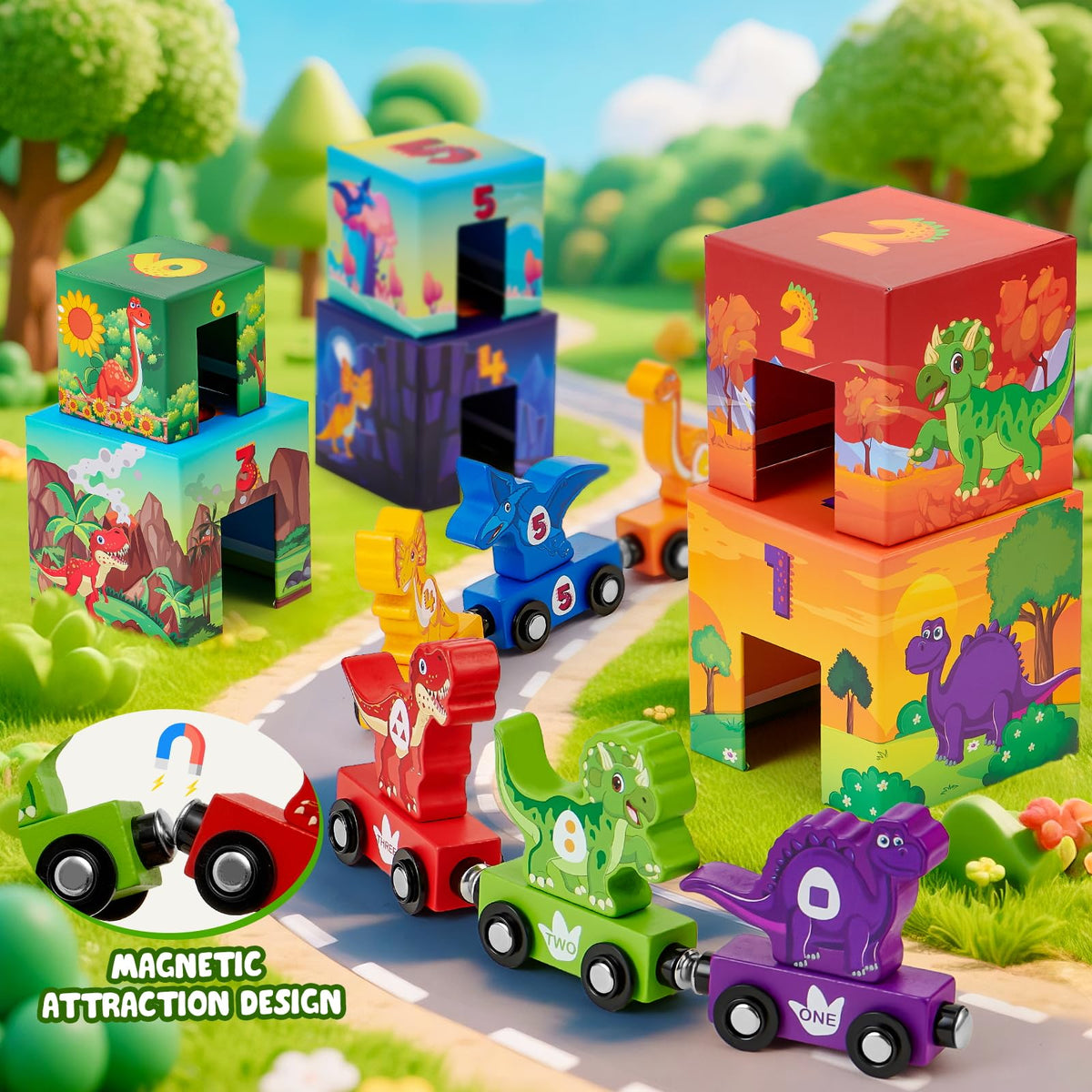 Atoylink wooden dinosaur cars attach magnetically for endless imaginative train-building fun