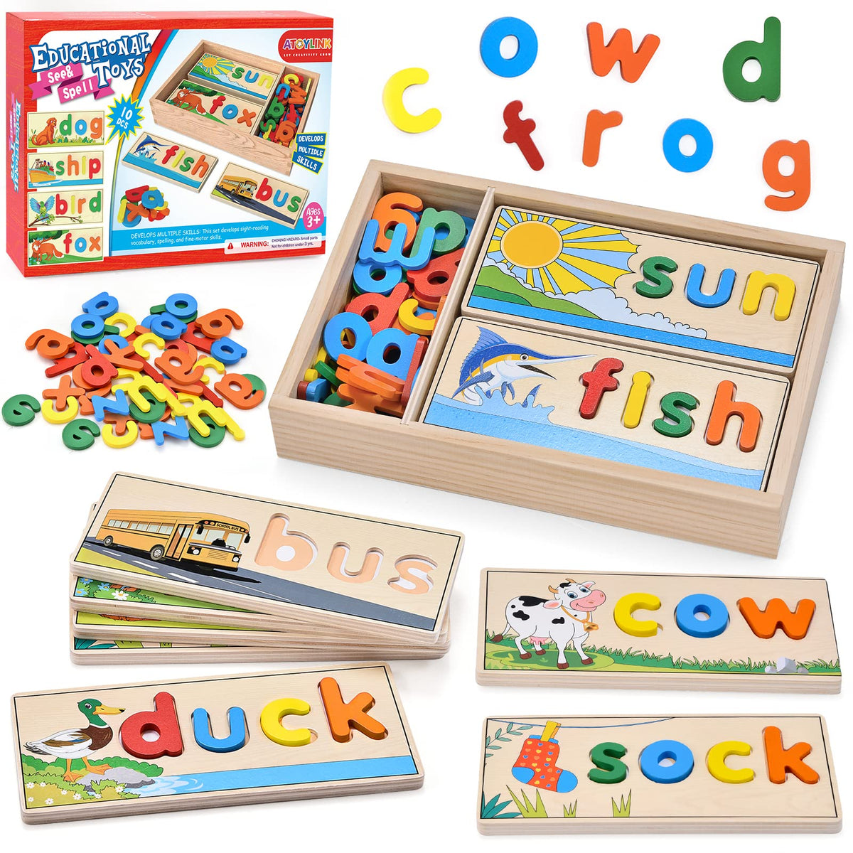 Atoylink wooden spell learning set with colorful blocks in a case for easy cleanup and organized play.