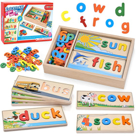 Atoylink wooden spell learning set with colorful blocks in a case for easy cleanup and organized play.