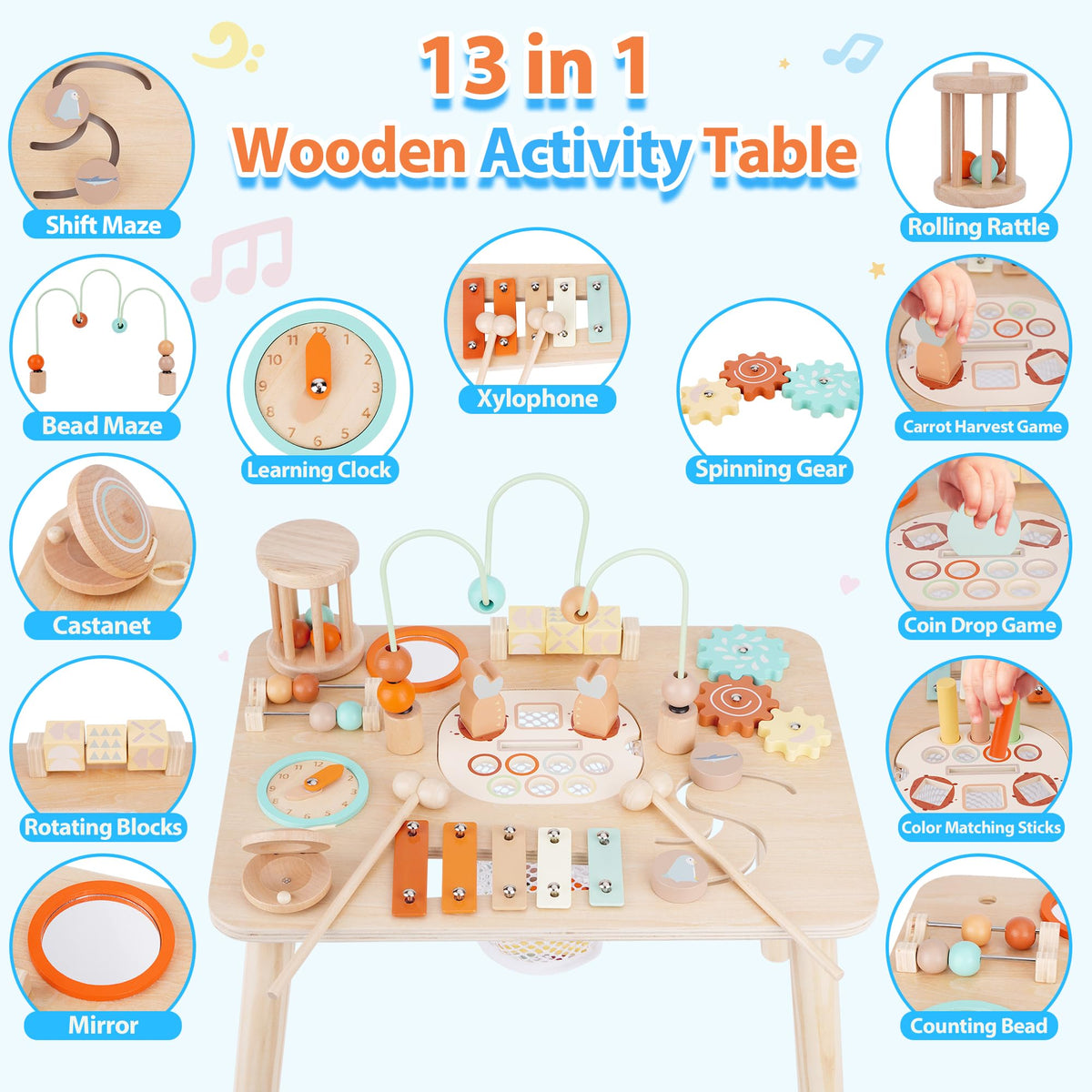 ATOYUS 13-in-1 activity table spinning gear enhances hand-eye coordination in toddler play