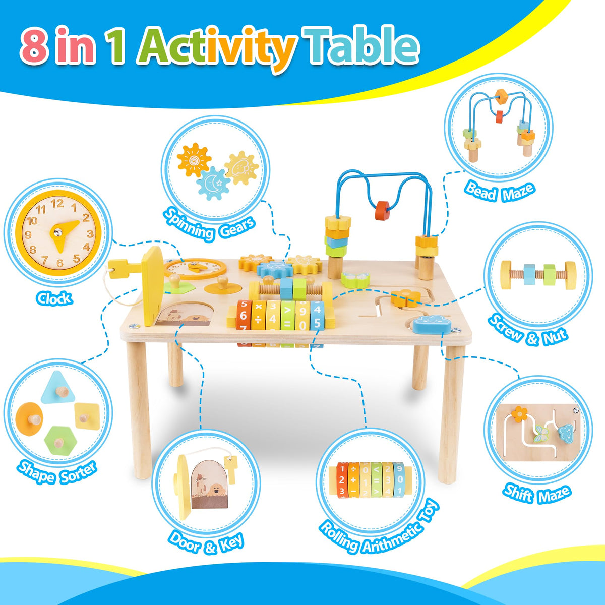 ATOYUS table with spinning gears promotes hand-eye coordination and focus.