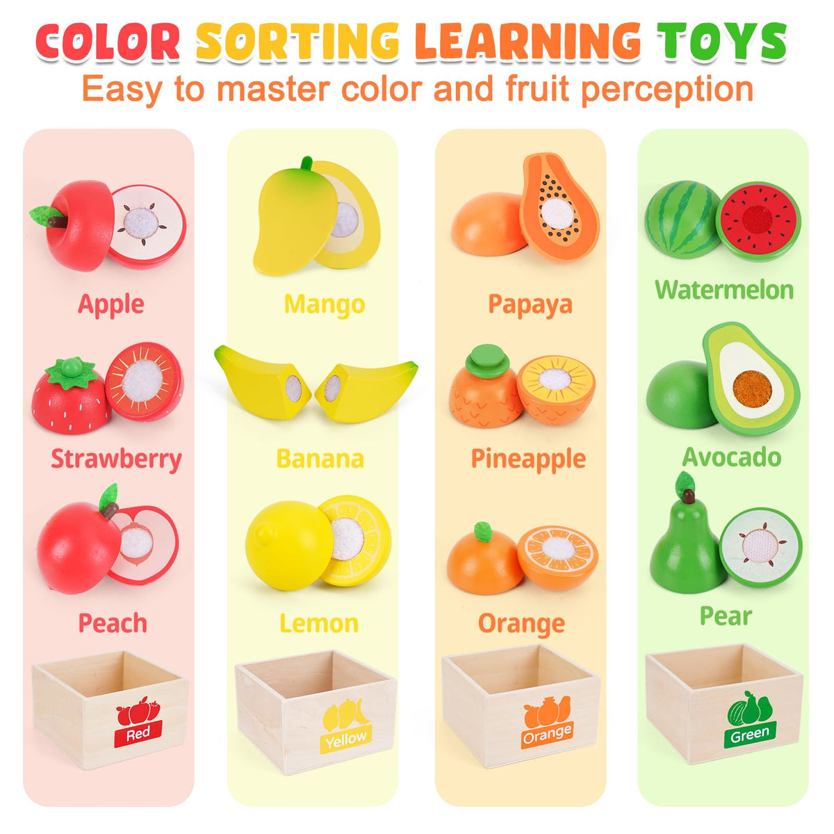 ATOYUS fruit toys with crunching sound—enhances pretend cutting and fine motor play.