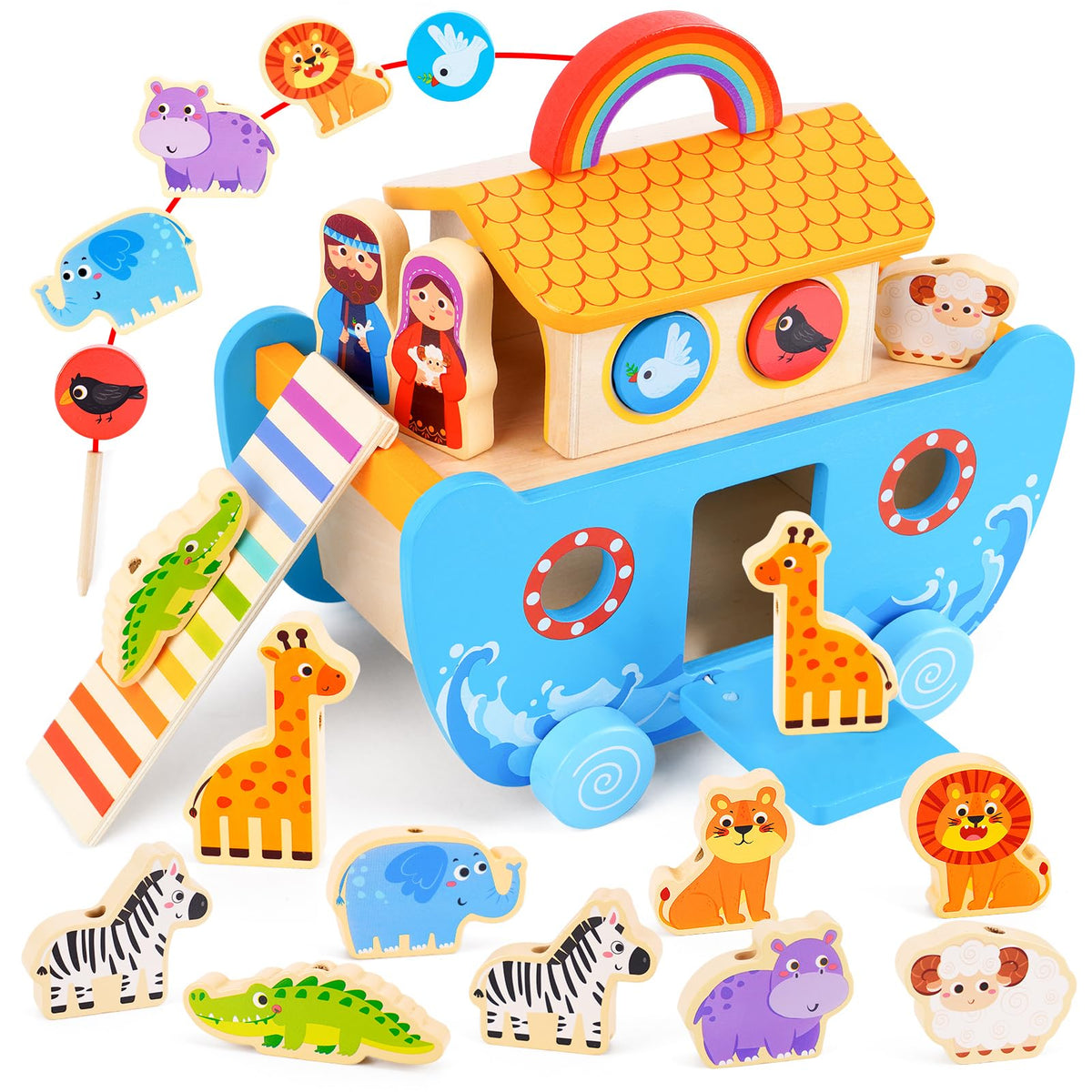 AToyUS Noah's Ark wooden toy set with ark and animals encourages imaginative play and learning.