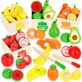 ATOYUS wooden play food set – fruit boxes for pretend kitchen and sorting.