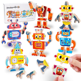 ATOYUS wooden robot blocks for ages 3-5, 35 pieces, snap-together play
