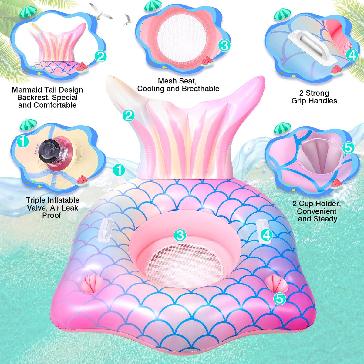 Auanvel mermaid pool float features a 3-in-1 valve for quick inflation