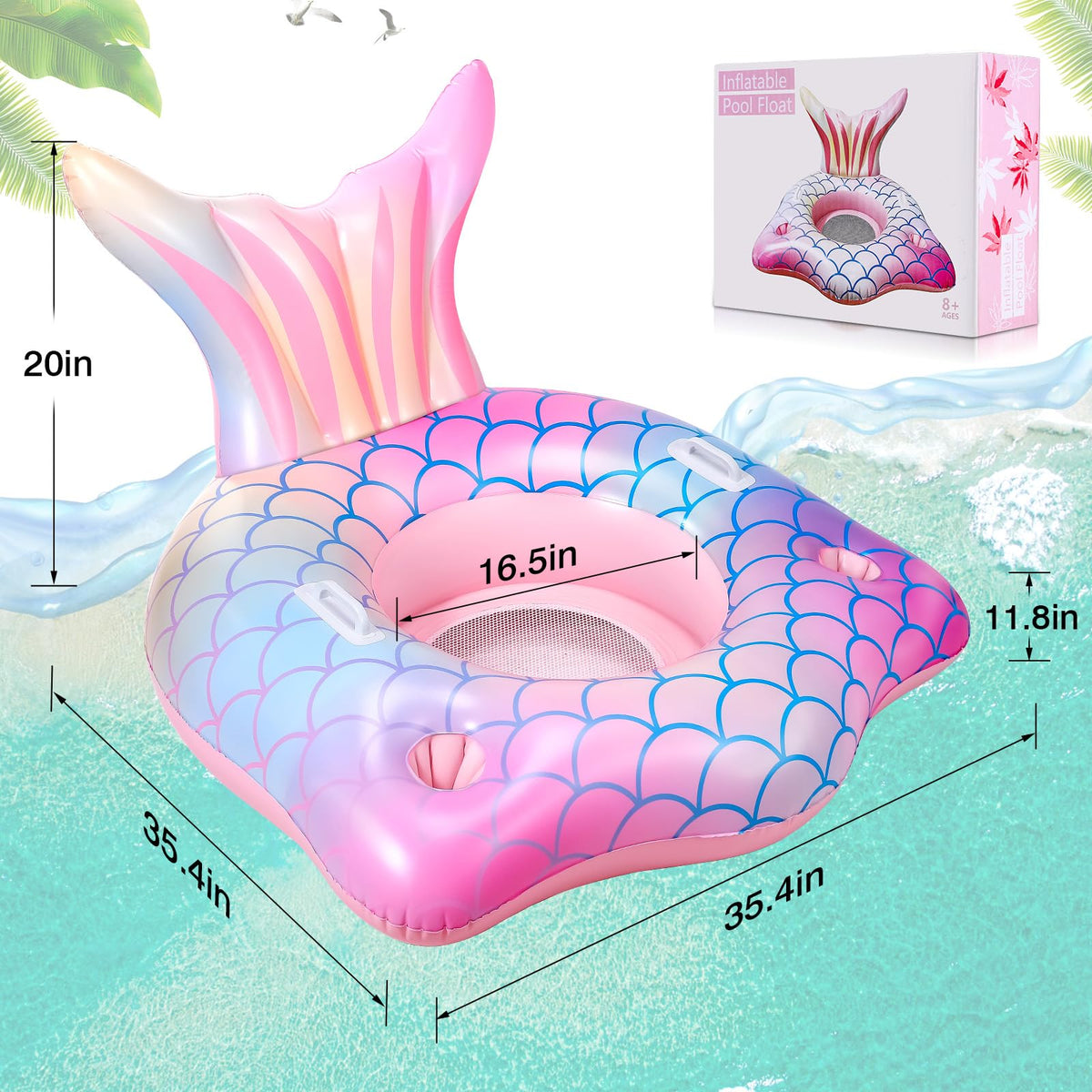 Auanvel mermaid pool float with mesh bottom for cooler contact with water