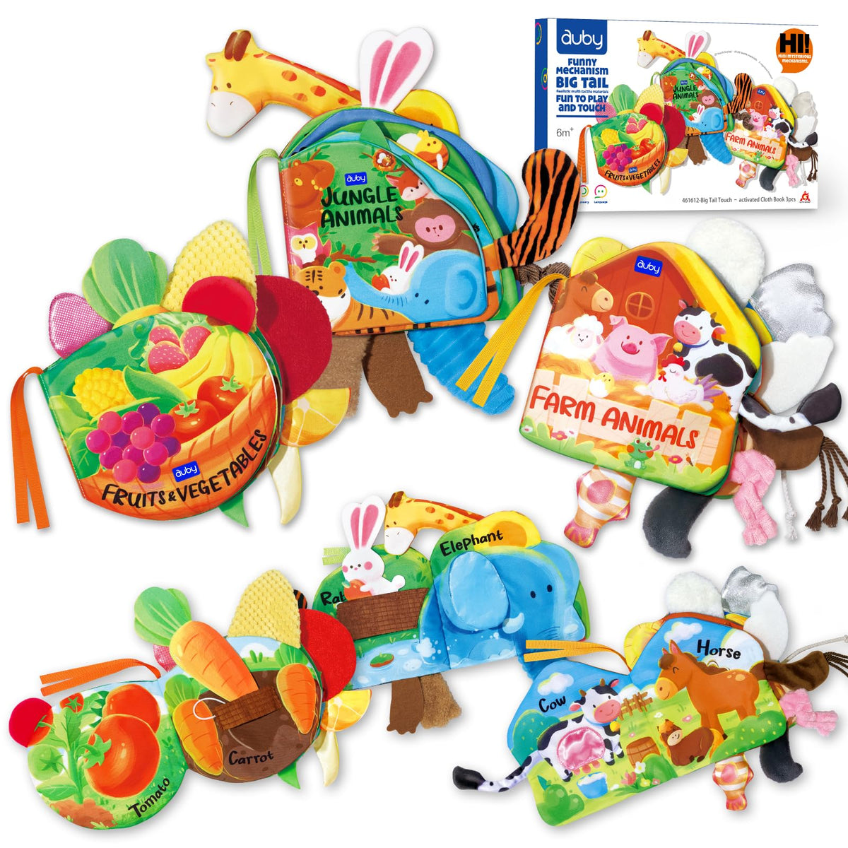Auby baby cloth books 3pack—a vibrant three-book set for early learning and exploration.
