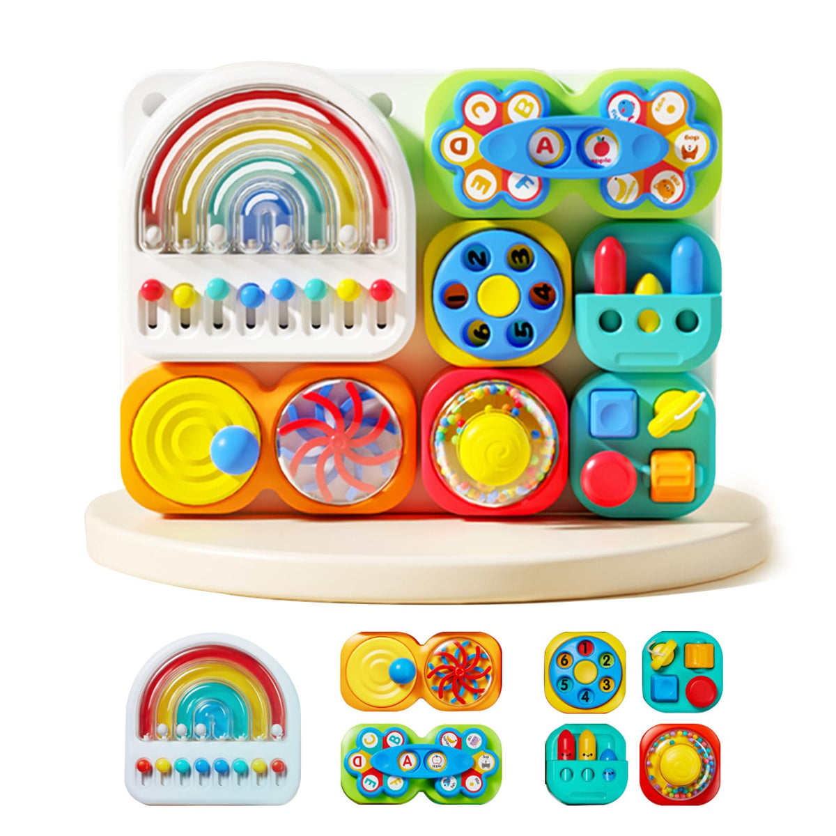 Auby Busy Board 3.0 shows detachable layout for flexible play at home or on the go.