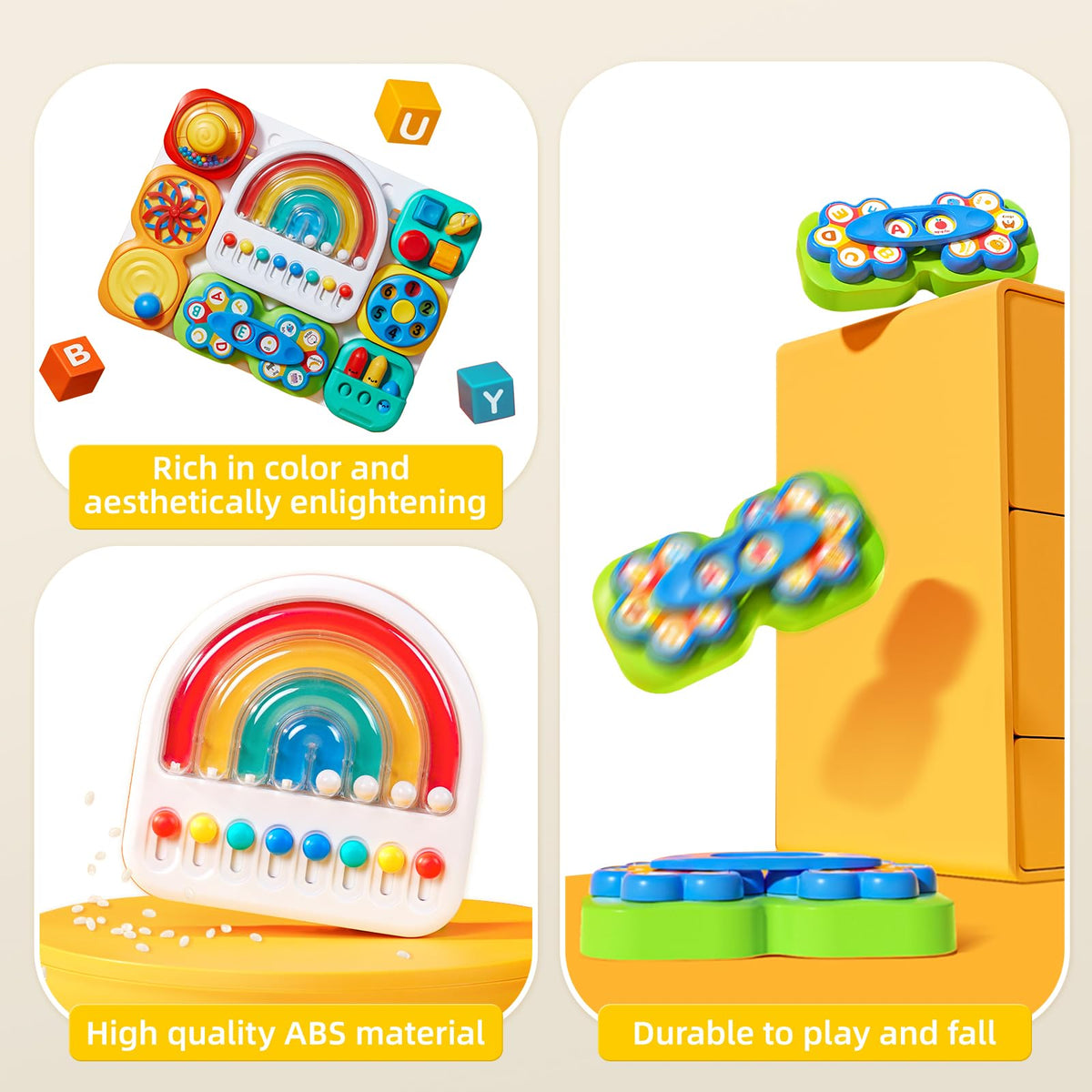 Auby Busy Board 3.0 uses child-safe materials with rounded edges for safe play.
