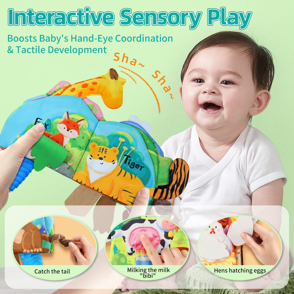 Auby cloth book crinkle sound highlighting engaging auditory play for sensory development.