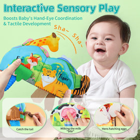 Auby cloth book crinkle sound highlighting engaging auditory play for sensory development.