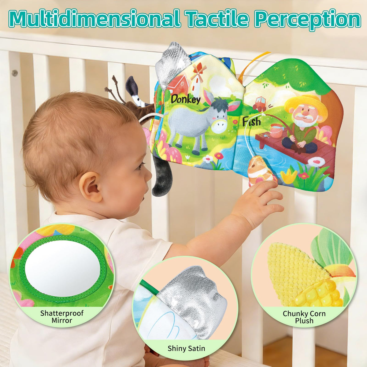 Auby machine-washable fabric book demonstrating easy cleanup for busy parents.