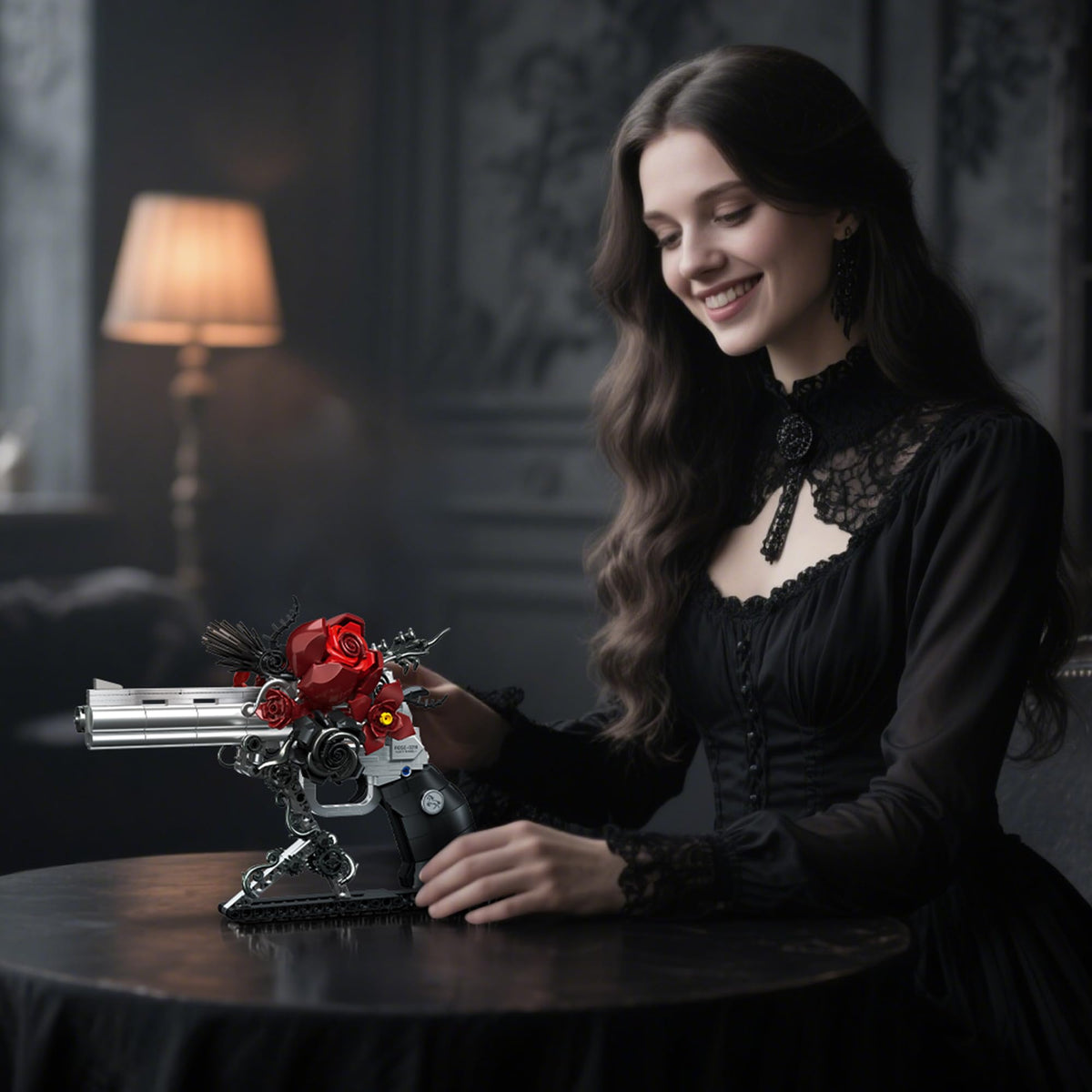 Audaxly Gothic Rose Revolver bricks art: sculptural centerpiece blending beauty and edge
