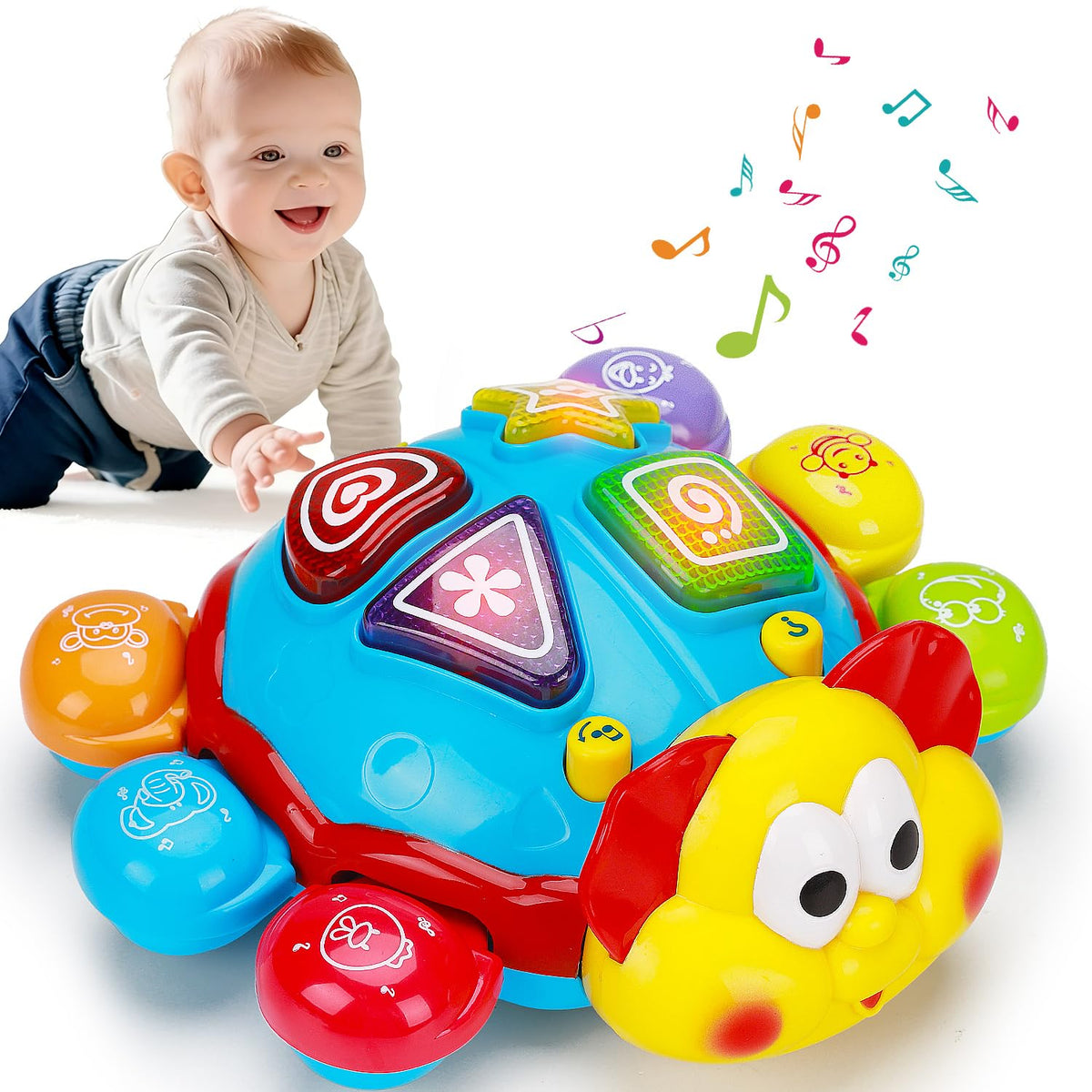 AugToy crawling toy with music and lights encourages crawling and chasing.
