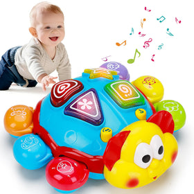 AugToy crawling toy with music and lights encourages crawling and chasing.