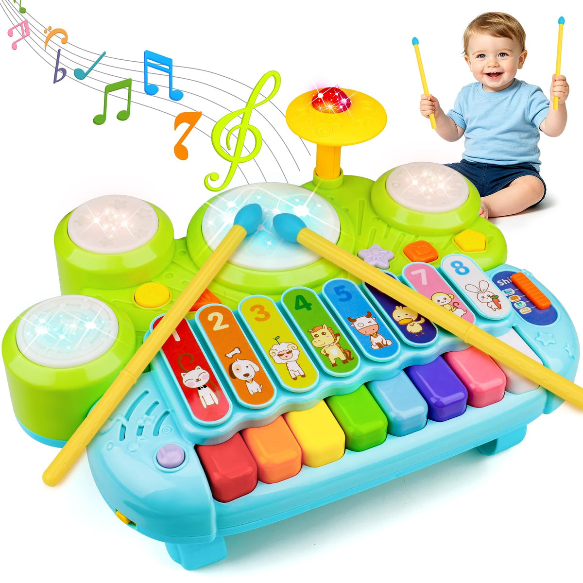 AugToy baby piano drum table front view showing engaging multi-instrument play for toddlers.