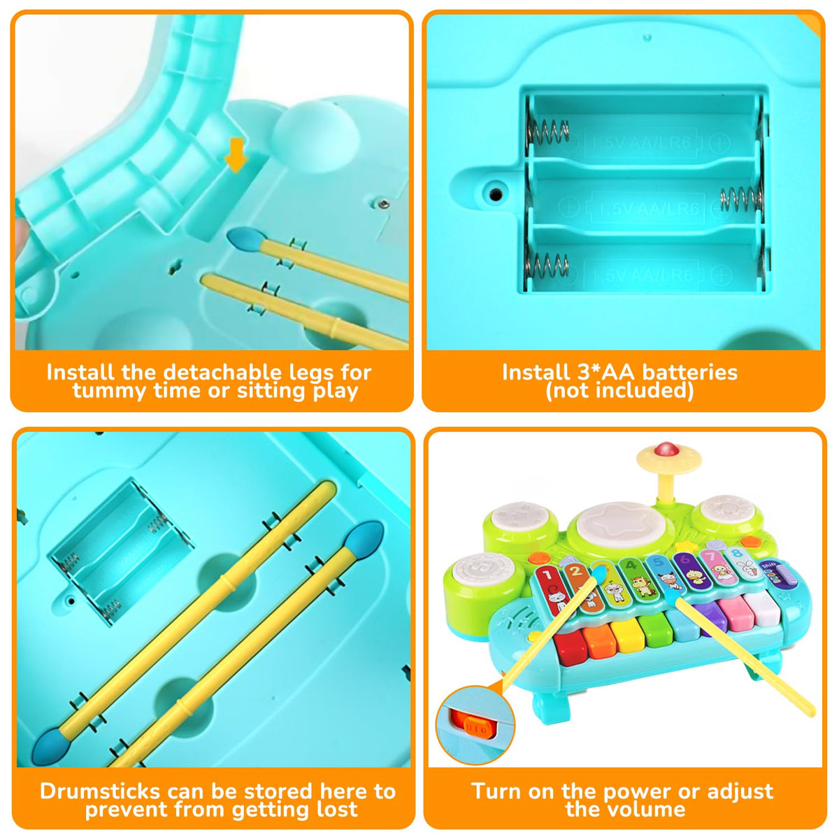 AugToy drum pads close-up emphasizing sturdy surface and kid-friendly design.