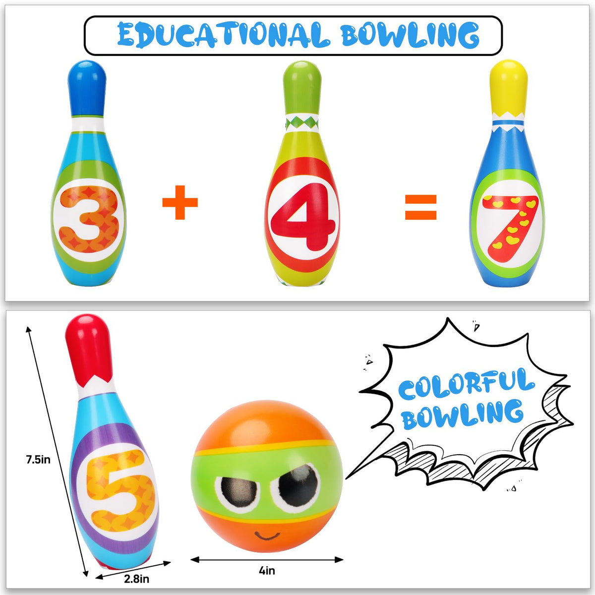 AugToy Bowling Set features colorful numbered pins to encourage counting.