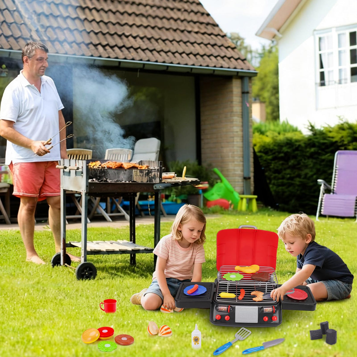 AugToy outdoor camping grill scene emphasizes durable, kid-friendly plastic for outdoors