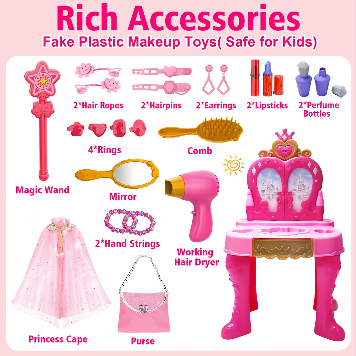 AugToy pink vanity table and chair set for pretend makeup.
