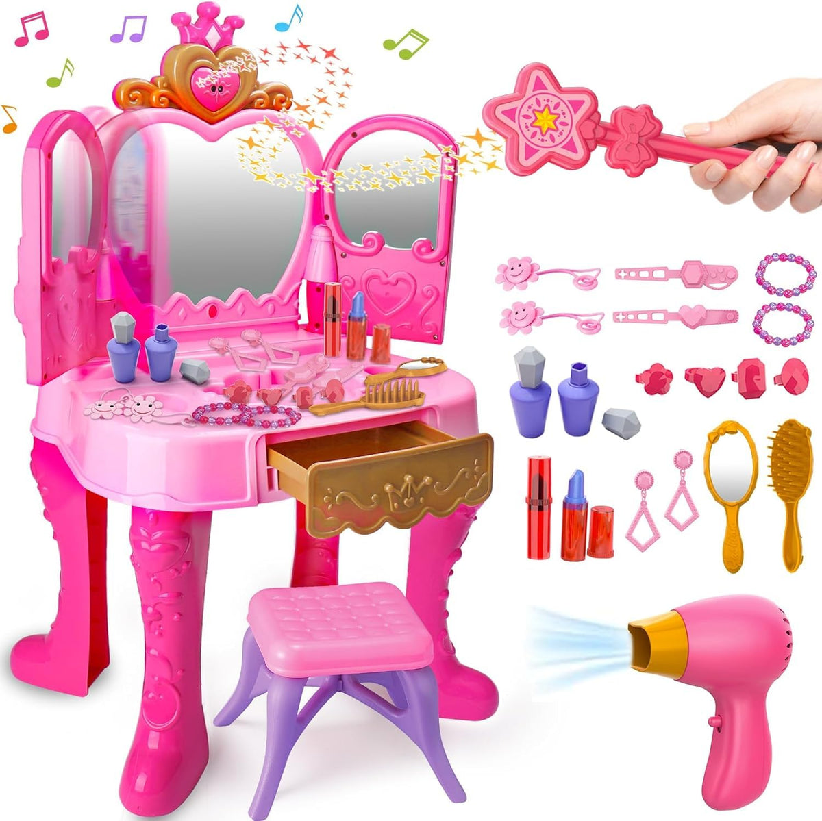 AugToy vanity with built-in lights for nighttime magic.