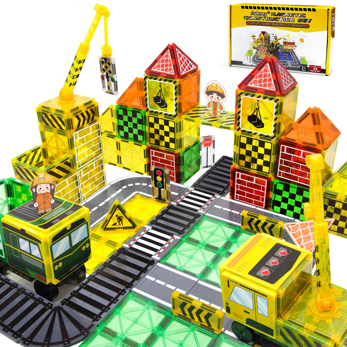 Aukney Magnetic Tiles with cars and cranes support imaginative play and fine motor skills