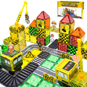 Aukney Magnetic Tiles with cars and cranes support imaginative play and fine motor skills