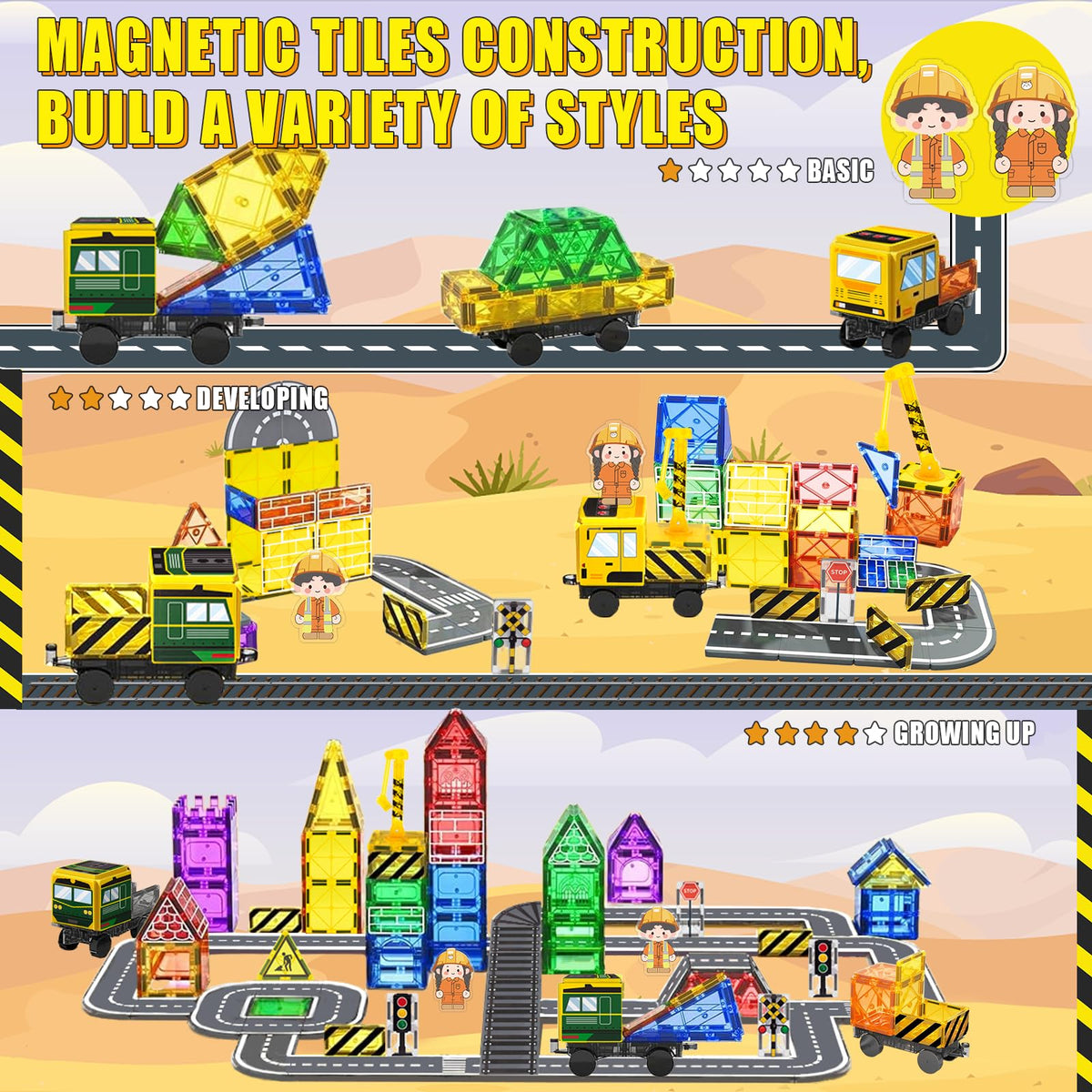 Aukney Magnetic Tiles dolls and vehicles invite pretend city life and storytelling
