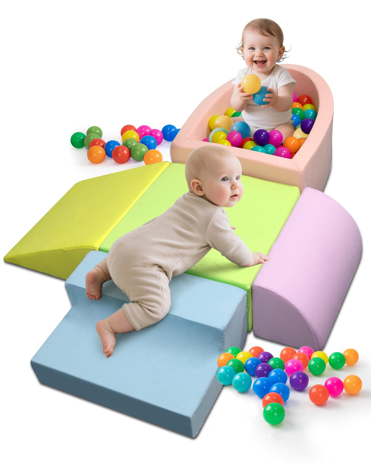 Auksay Baby Climbing Blocks show a DIY route setup for motor skill play.