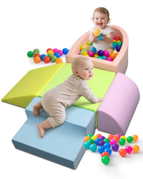 Auksay Baby Climbing Blocks show a DIY route setup for motor skill play.