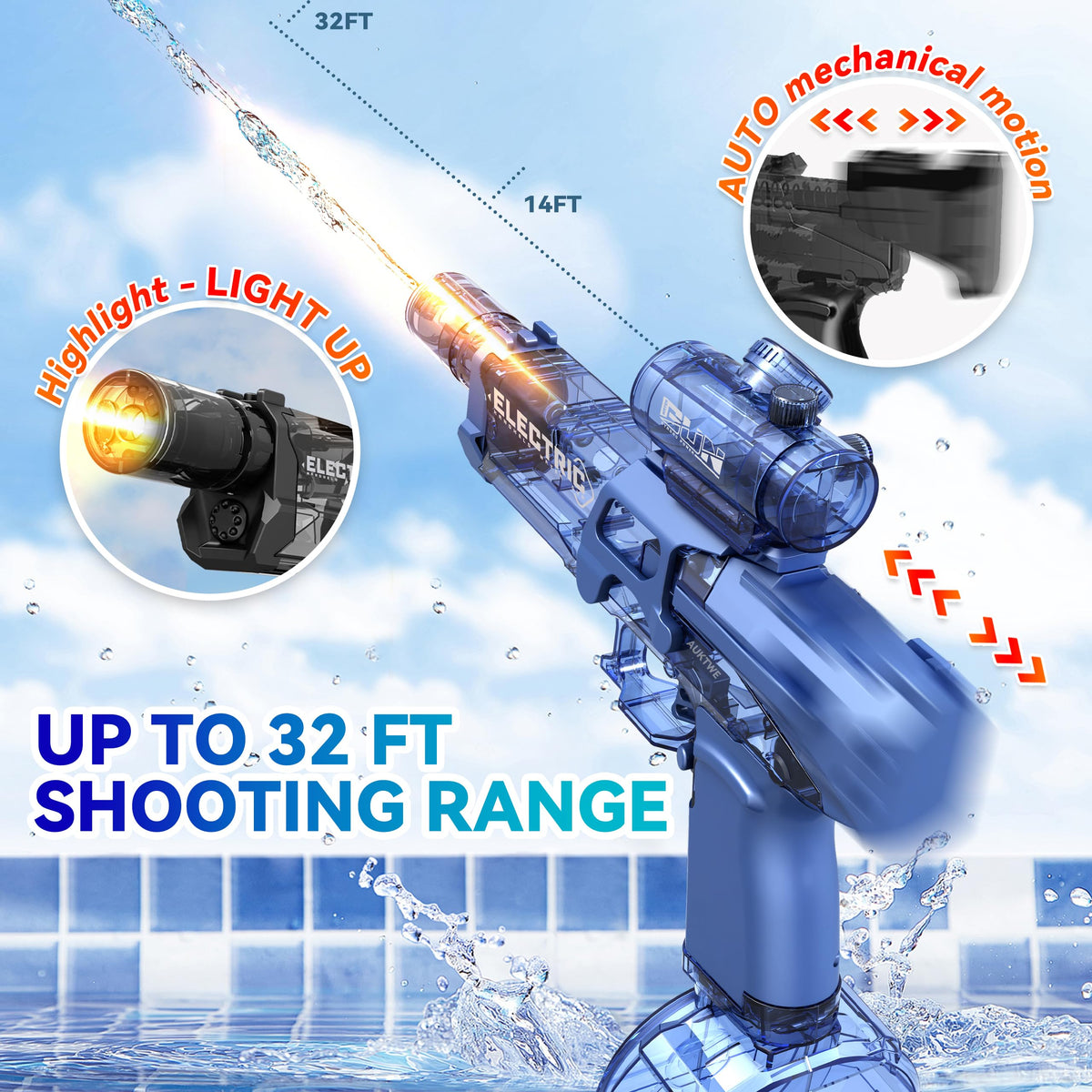 AUKTWE water gun showing the hidden battery in the scope for longer play.