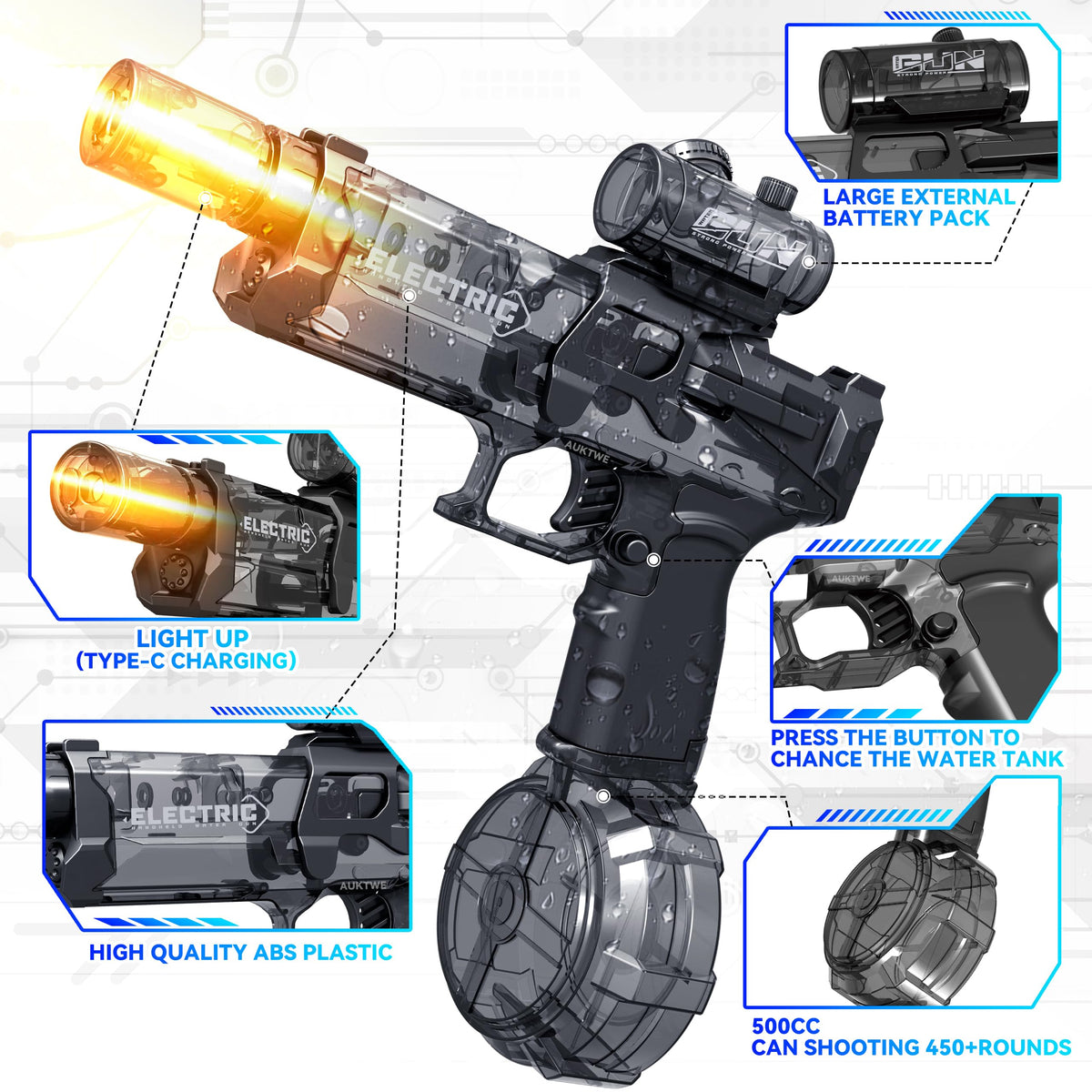 AUKTWE water gun manual and automatic mode switch for versatile play
