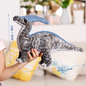 AULUDA Parasaurolophus bedroom setup shows versatile cuddle cushion for lounging.
