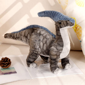AULUDA Parasaurolophus plush hugging pose highlights cozy cuddle for reading or TV time.