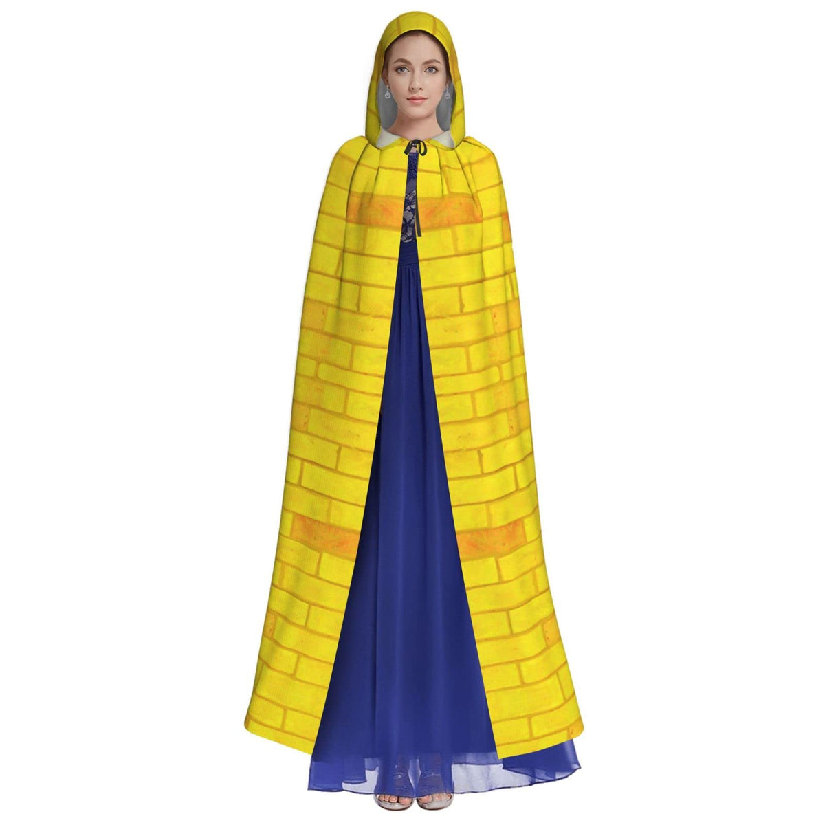 Aulwewd Brick Road Yellow Hooded Cloak, draped over shoulders for cosplay allure.