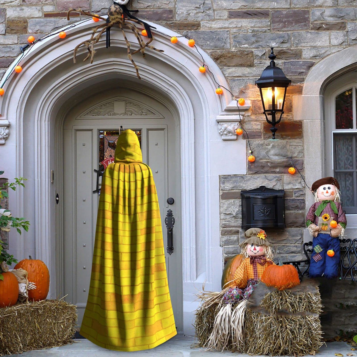 Aulwewd Brick Road Yellow Hooded Cloak, hood-up for chilly celebrations.