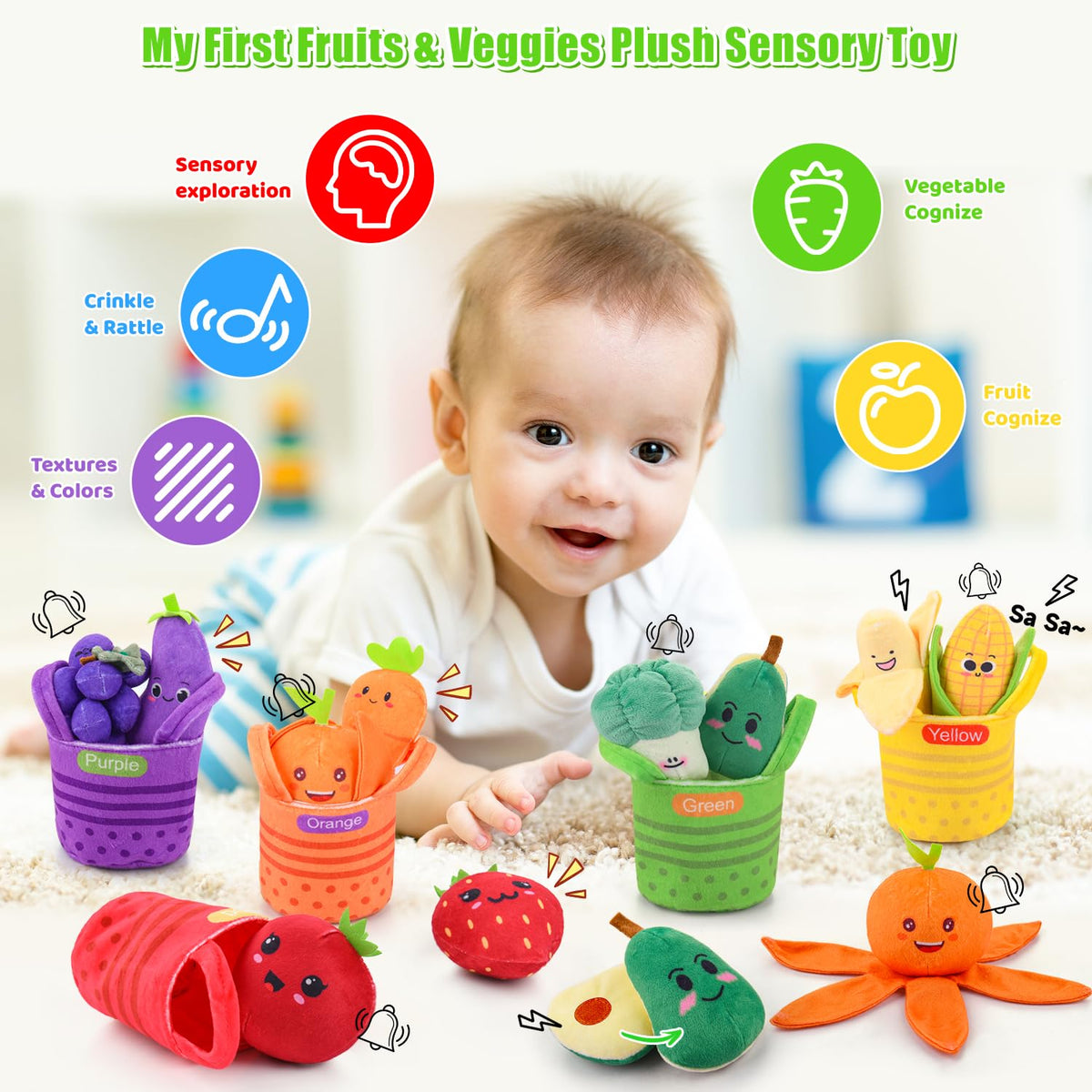 Auney fruit veggie plush with baskets for sorting and learning colors