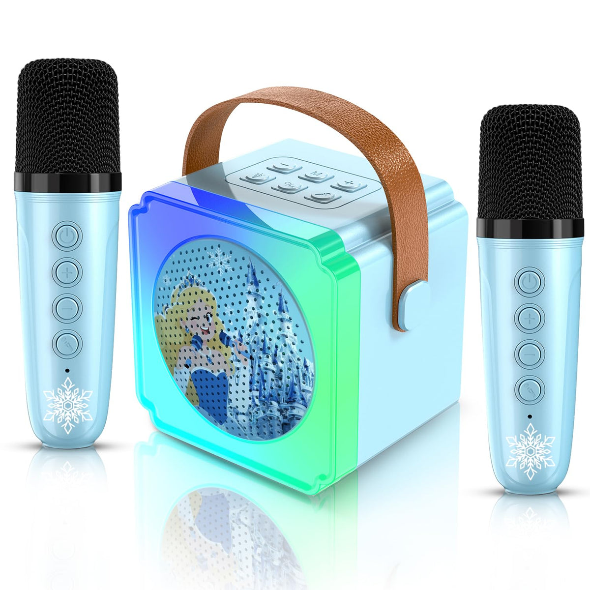 Auney kids karaoke machine blue 2 mics front view for family sing-alongs.