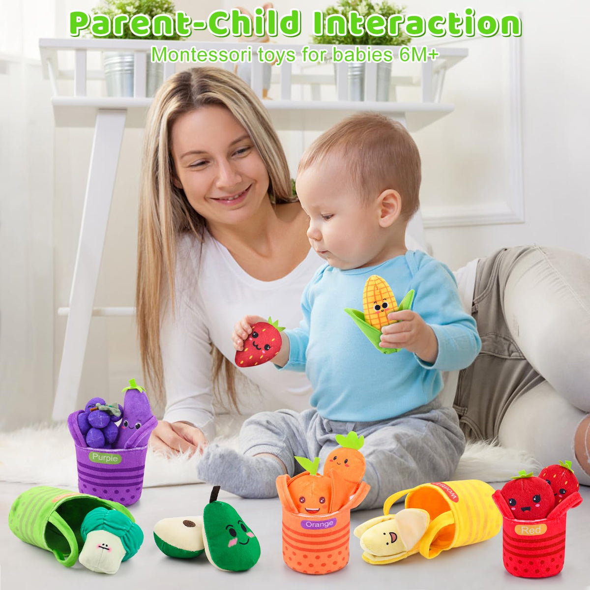Auney plush fruits with rattle and crinkle sounds for auditory stimulation
