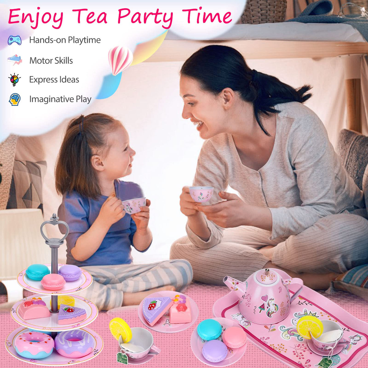 Auney Unicorn Tea Set carrying case makes portable tea parties easy.