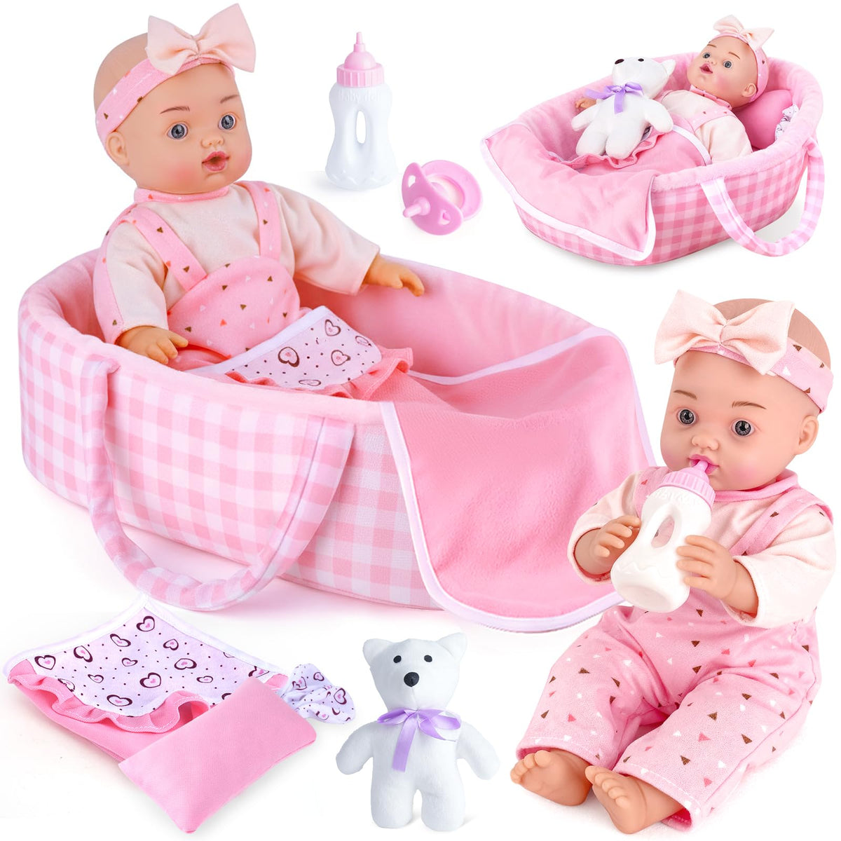 AuntyFey 12-inch baby doll set with bassinet and accessories for imaginative play.