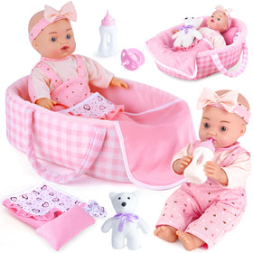 AuntyFey 12-inch baby doll set with bassinet and accessories for imaginative play.